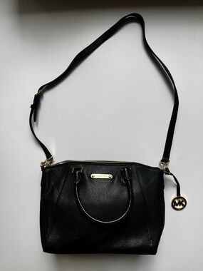 Michael Kors Black Pebbled Leather Crossbody Satchel with Gold Hardware
